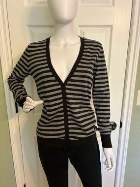 LOFT Black & Gray Striped V-Neck Button Cardigan